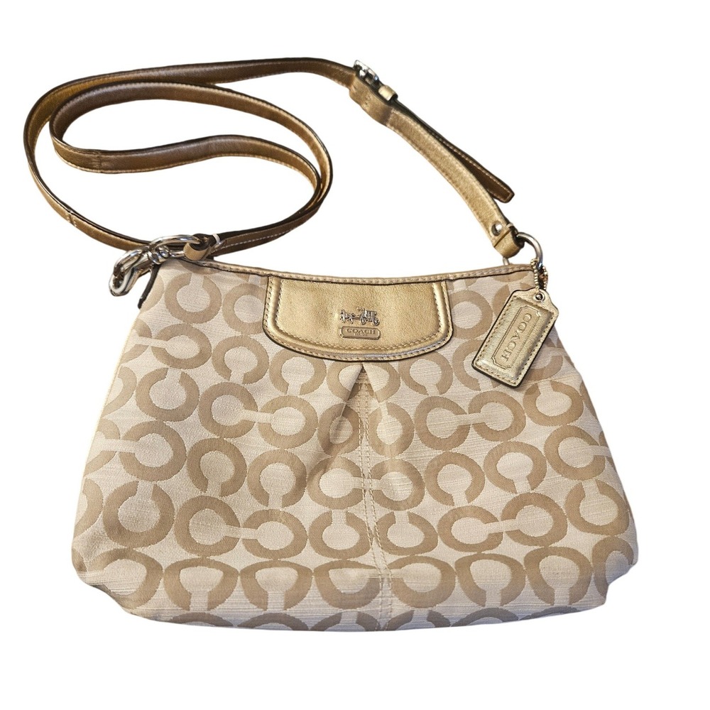 Coach Signature Jacquard Small Hobo Shoulder Bag Beige Metallic Gold Trim‎